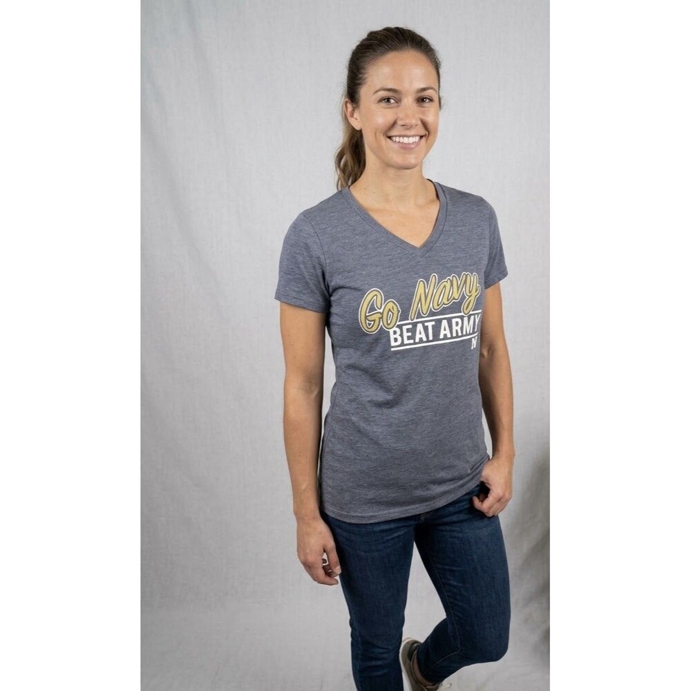 BAW Womens Shirt Medium Blue Go Navy Beat Army Football V-Neck Graphic Tee
